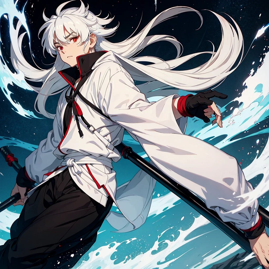 An Inuyasha with white hair and a white sweatshirt, long black pants and without anyone, only him, with a black mask