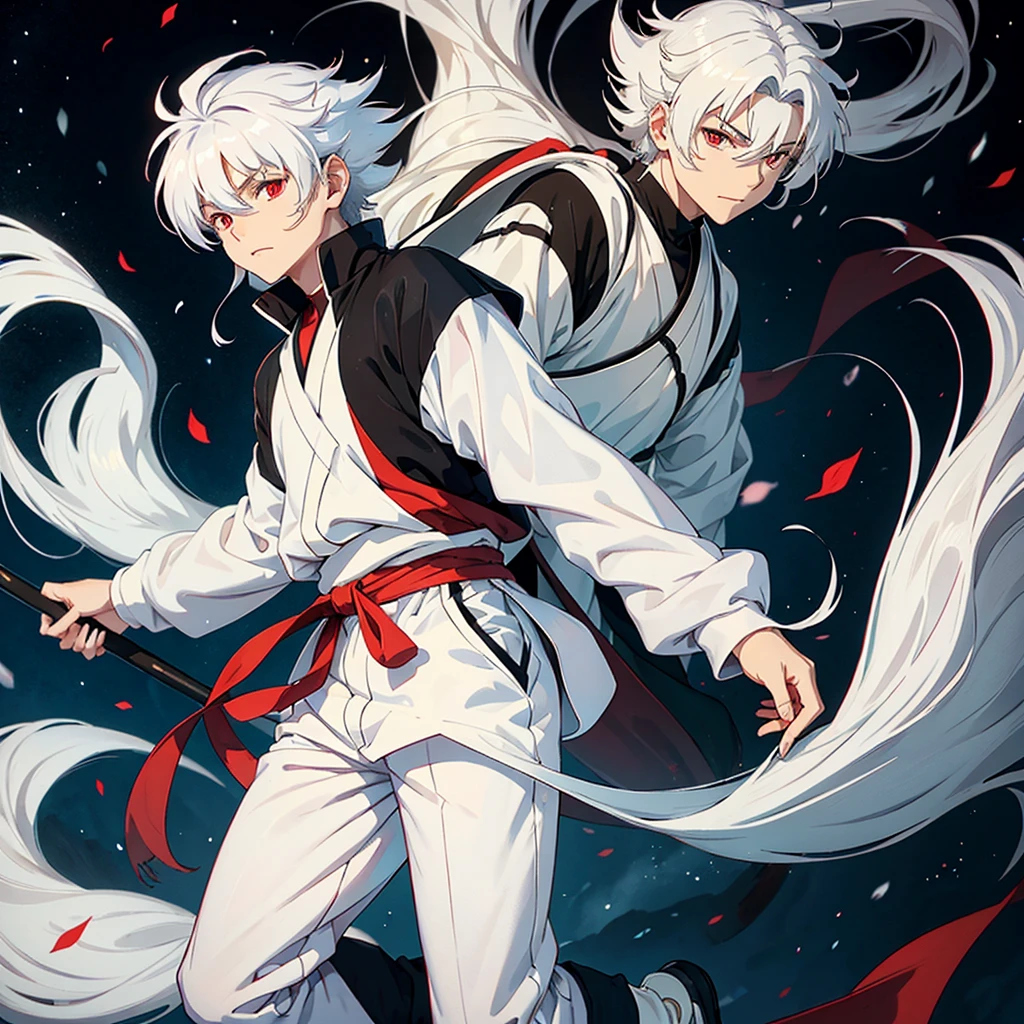 An Inuyasha with white hair and a white sweatshirt, long black pants and without anyone, only him, with a black mask 