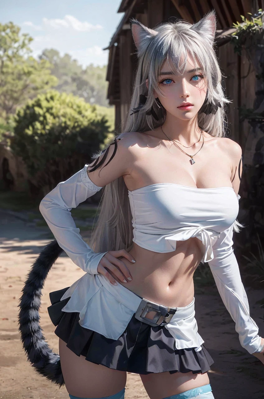 (masterpiece, best quality, ultra detailed, absurdres:1.5), 1girl, (sexy, beautiful woman, perfect face, perfect eyes, perfect female body, medium breasts:1.5), (white shirt, long hair, gray hair, cat ears, necklace, yellow waist cape, detached sleeves, black miniskirt, (white thighhighs:1.3), cat tail, black gloves, ), (standing, outdoors, forest), perfect lighting, smooth, hdr