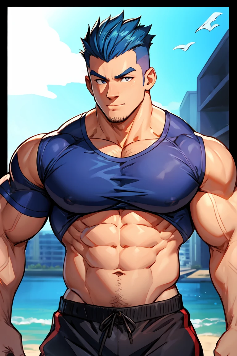 score_9, score_8_up, score_7_up, score_6_up, score_5_up, score_4_up, 1boy, big_pectorals, big_muscles, dad_bod, soft_belly, action_in_the_front_faux_hawk, dark_blue_hair
