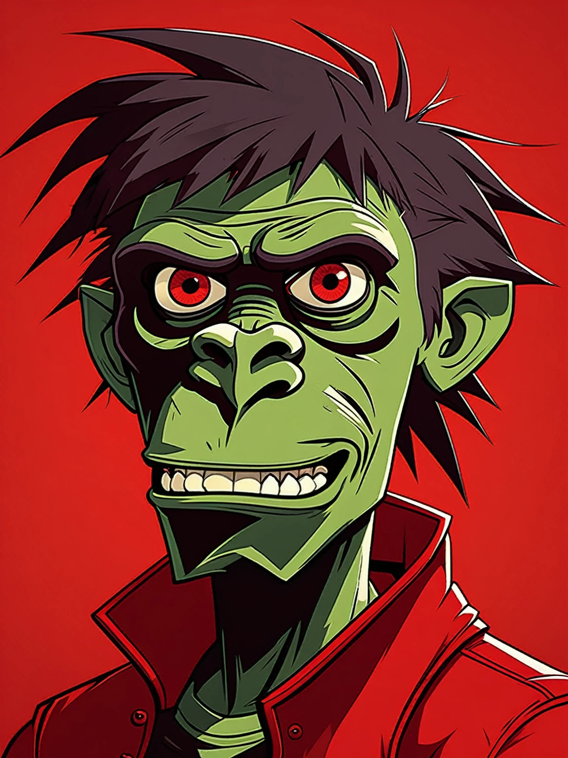 foreigner, Personagem Demon Days do Gorillaz|iconic background in red tone|stark contrast|((expressive eyes))|urban environment|(stylised:1.5). smiling This creature is truly a wonder of nature!, work of art, best qualityer, detailded, realisitic, 8k hd, high qualiy, realisitic, precise, Vibrant, absurderes, rendered in a cinema, HDR Style, 8k resolution ,work of art, best qualityer, detailded, realisitic, 8k hd, high qualiy, realisitic, precise, Vibrant, absurderes, SimplepositivoXLv1, sfw