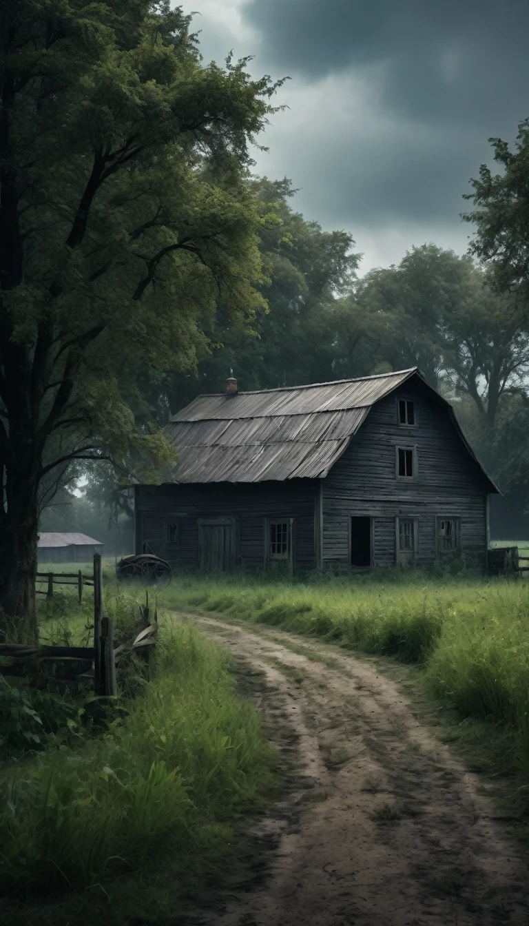  A scary horror image of a farm far from the city. It was an area known for its tranquility, but also for its mysteries and stories of hauntings,  PICTURE REALISTIC, high resolution, 8K 