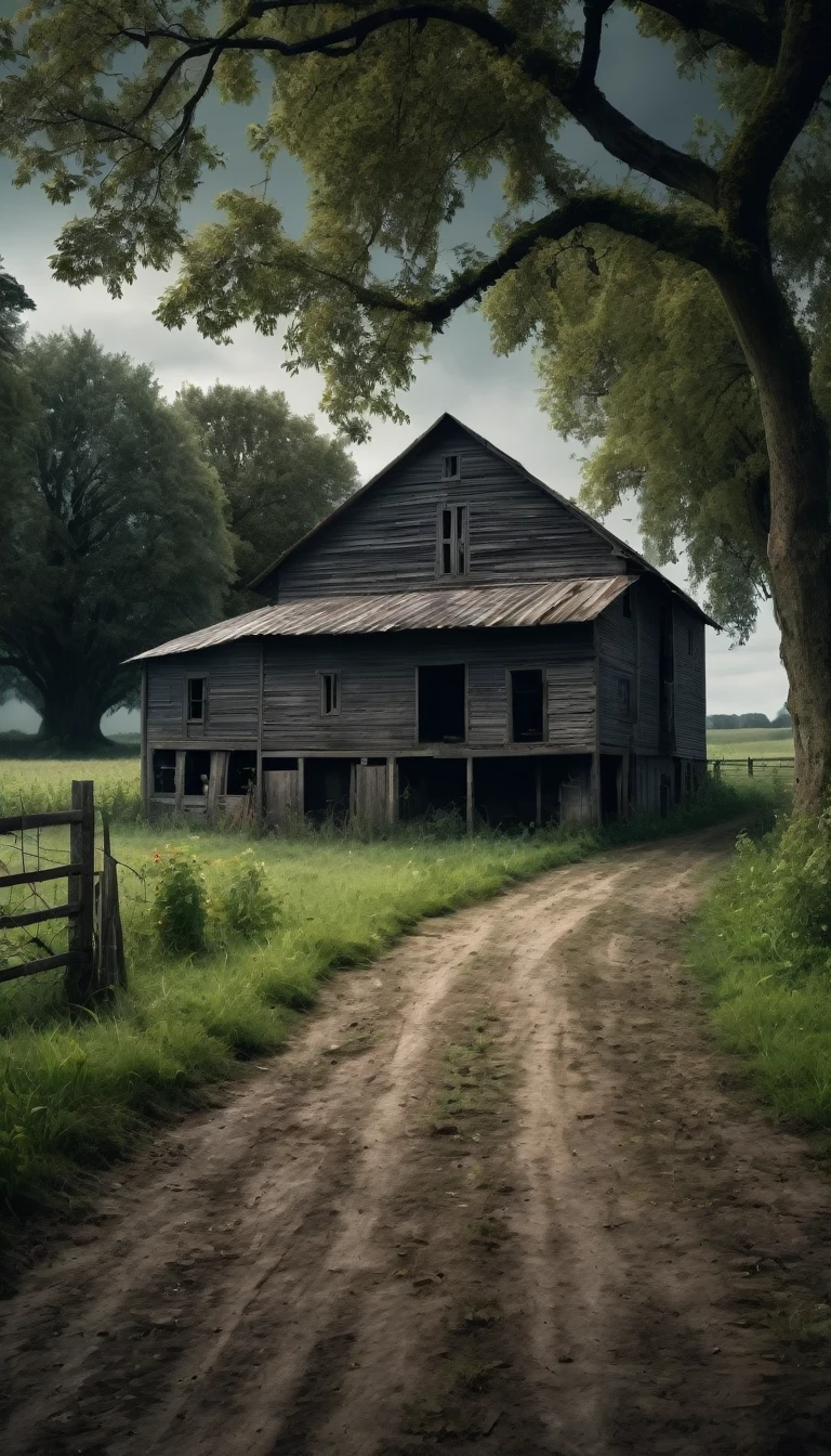 A scary horror image of a farm far from the city. It was an area known for its tranquility, but also for its mysteries and stories of hauntings, PICTURE REALISTIC, high resolution, 8K