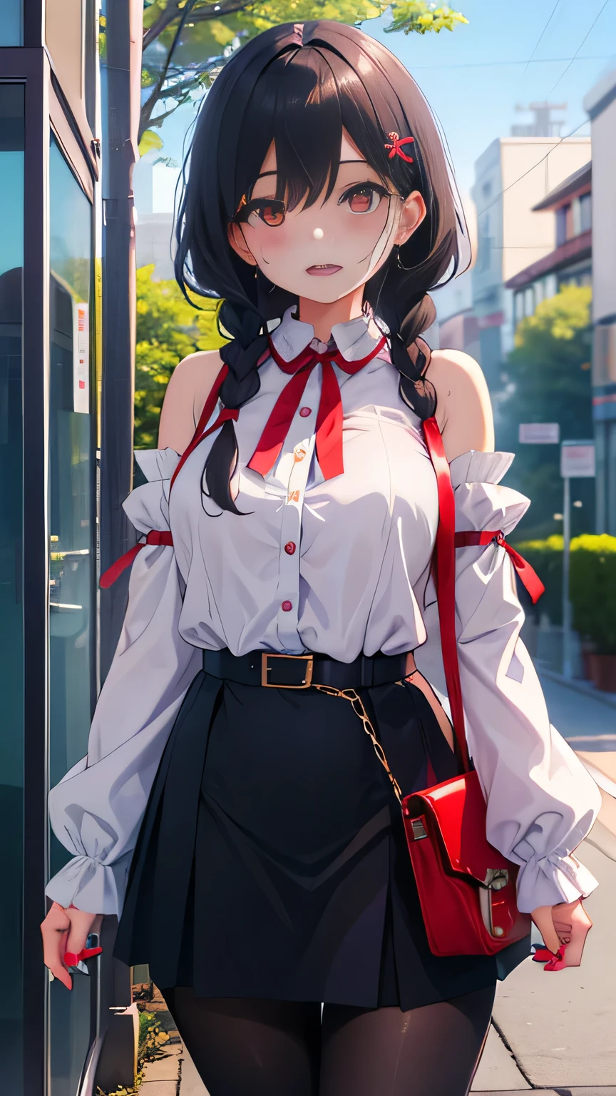 (Very detailed CG Unity 8K 壁紙),(masterpiece), (Highest quality), (Very detailed), (Best illustrations),(Best Shadow)、(Perfect and beautiful eyes)、(Detailed underwear)、1girl bag bare_shoulders belt belt_buckle black_belt black_pantyhose black_shirt blush braid breasts brown_hair brown_skirt buckle cherry_blossoms chigusa_minori clothing_cutout commentary_request cowboy_shot hair_between_eyes hair_ornament tucking_hair highres kokoro_iroduku_koi_ga_shitai large_breasts long_hair long_sleeves looking_at_viewer lower_teeth_only mole mole_on_arm momiji_ayaka nail_polish open_mouth outdoors pantyhose red_bag red_eyes red_nails shirt shoulder_bag shoulder_cutout sidelocks skirt sleeves_past_wrists solo sweatdrop teeth twin_braids x_hair_ornament