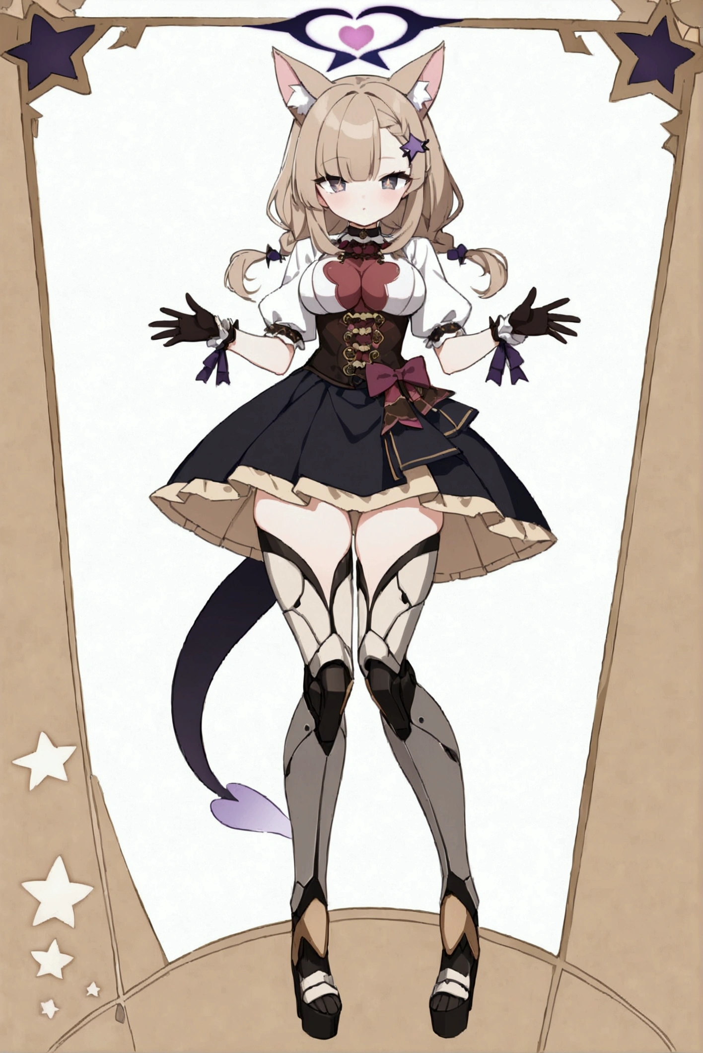 woman 170 cm tall. medium chest, wide hip, slim build, ((whole body)). (((character design sheet: front view))). (dark blonde hair, ((hip length wavy hair, asymmetrical bangs, star hairpin)), (She has a short braid tied with an elegant purple ribbon on the left side of her hair above her chest). (She has a short braid tied with an elegant purple ribbon on the right side of her hair above her chest). She has small hair ties in the back of her hair..). ((Gray eyes with a pink 4-pointed star in the pupil)). (Two black and purple fox ears located on the top of the head). (Luminous black halo with purple star patterns above his head). He has a black collar with a heart emblem on his neck.. (Elegant long one piece dress, thigh-length lace and ruffle skirt, ribbon decorations and star patterns on the dress). black gloves, Black platform heels. gray belt at the waist with a large ribbon with a luminous pink heart in the middle. ((It has a succubus tail that ends in the shape of a heart.)). (((It has complex mechanical legs that reach up to the thighs and are black with small purple details..))). beautiful detailed hair, beautiful detailed dress. extremely detailed arms. extremely detailed face, small face, Beautiful detailed eyes, beautiful detailed lips. adorable. extremely detailed legs. (Best Quality, 4k, high resolution), ultra detailed, Exquisite and epic character art, ((White background)). (Focus on symmetry).