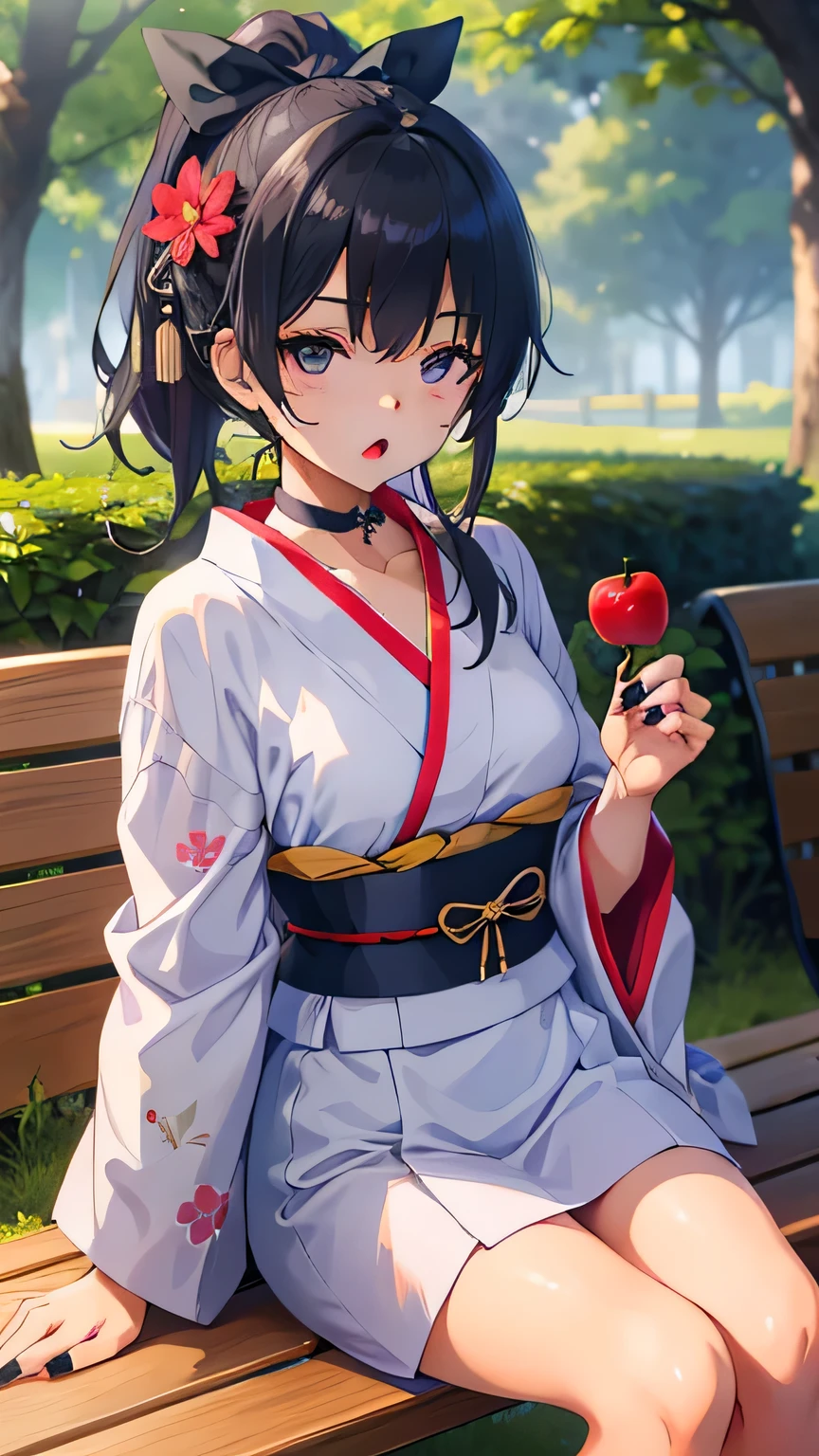 (Very detailed CG Unity 8K 壁紙),(masterpiece), (Highest quality), (Very detailed), (Best illustrations),(Best Shadow)、(Perfect and beautiful eyes)、(Detailed underwear)、1girl :o alternate_hairstyle bench black_choker black_eyes black_kimono black_nails black_ribbon blush braid candy_apple chigusa_minori choker cowboy_shot floral_print flower food grey_hair hair_flower hair_ornament hair_ribbon highres holding holding_food japanese_clothes kimono kokoro_iroduku_koi_ga_shitai kurosu_owari mole mole_Under_eye nail_polish night obi official_alternate_costume open_mouth outdoors park_bench red_flower ribbon sash side_ponytail sidelocks sitting solo yukata