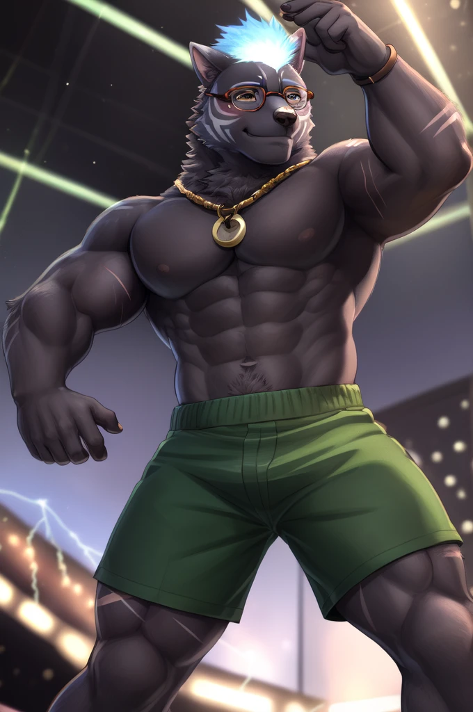 Furlong, male muscles, Bara, orange eyes, wolf tail, black fur, (pose:1.3), (โพสpose:1.3), (soft shading), 4K, hi res, five fingers, มือdetailed, ((ใบหน้าโดยdetailed, (ตาdetailed:1.0), detailed)), (full body), by zackarry911, by zaush, (by personalami:0.5), single, looking at the audience, Blush, smile, naked, focus man, glasses,  electricity, Casual, Scars on the face,Green shorts, ผมelectricityสีน้ําเงิน