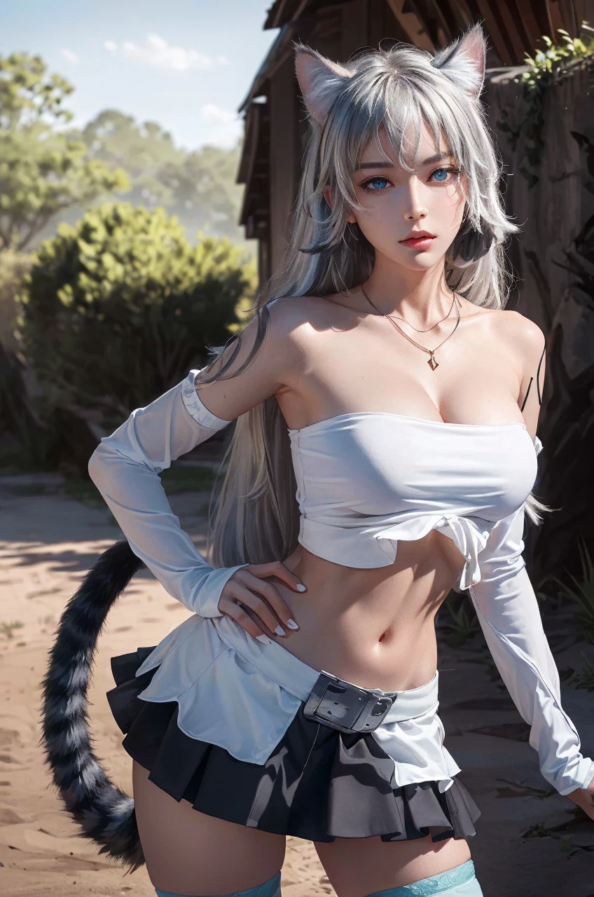 (masterpiece, best quality, ultra detailed, absurdres:1.5), 1girl, (y, beautiful woman, perfect face, perfect eyes, perfect female body, medium bre5), (white shirt, long hair, gray hair, cat ears, necklace, yellow waist cape, detached sleeves, black miniskirt, (white thighhighs:1.3), cat tail, black gloves, ), (standing, outdoors, forest), perfect lighting, smooth, hdr