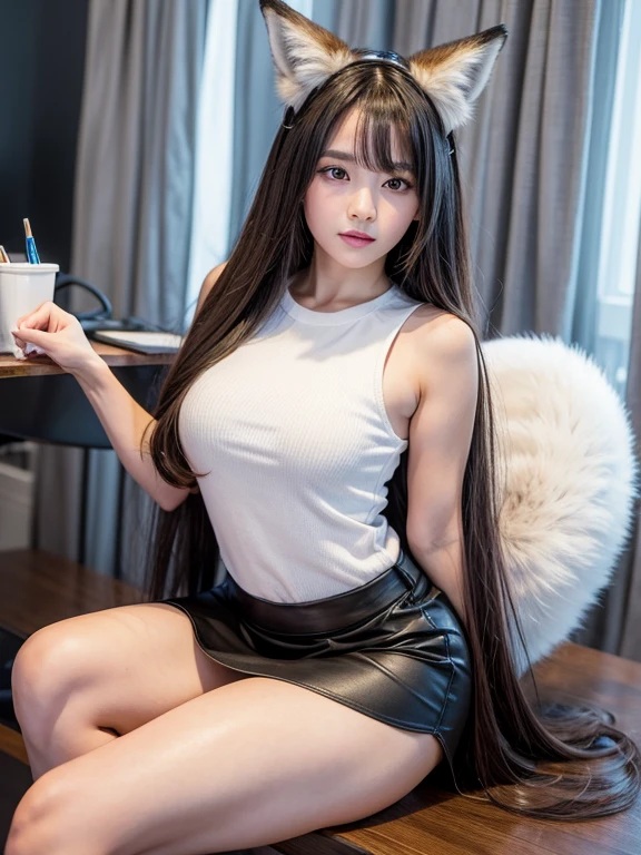 ((Highest quality)), ((masterpiece)), (Familiar), Perfect Face, fox lady, Pretty girl, Fox Ears, Fox tail, She has a northern fox tail, She wags her fluffy tail, She is a pretty office worker., Beautiful hip line, Thick thighs, Big tail, The tail is sticking out from the skirt, Nice body, Shyly staring at his tail, Only one tail, a shy face