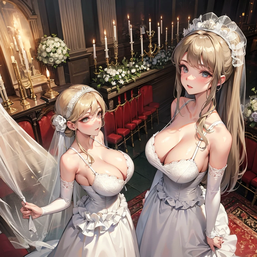 Girl with huge breasts wearing a bra and lace wedding dress ,bridal veil and bouquet at the altar