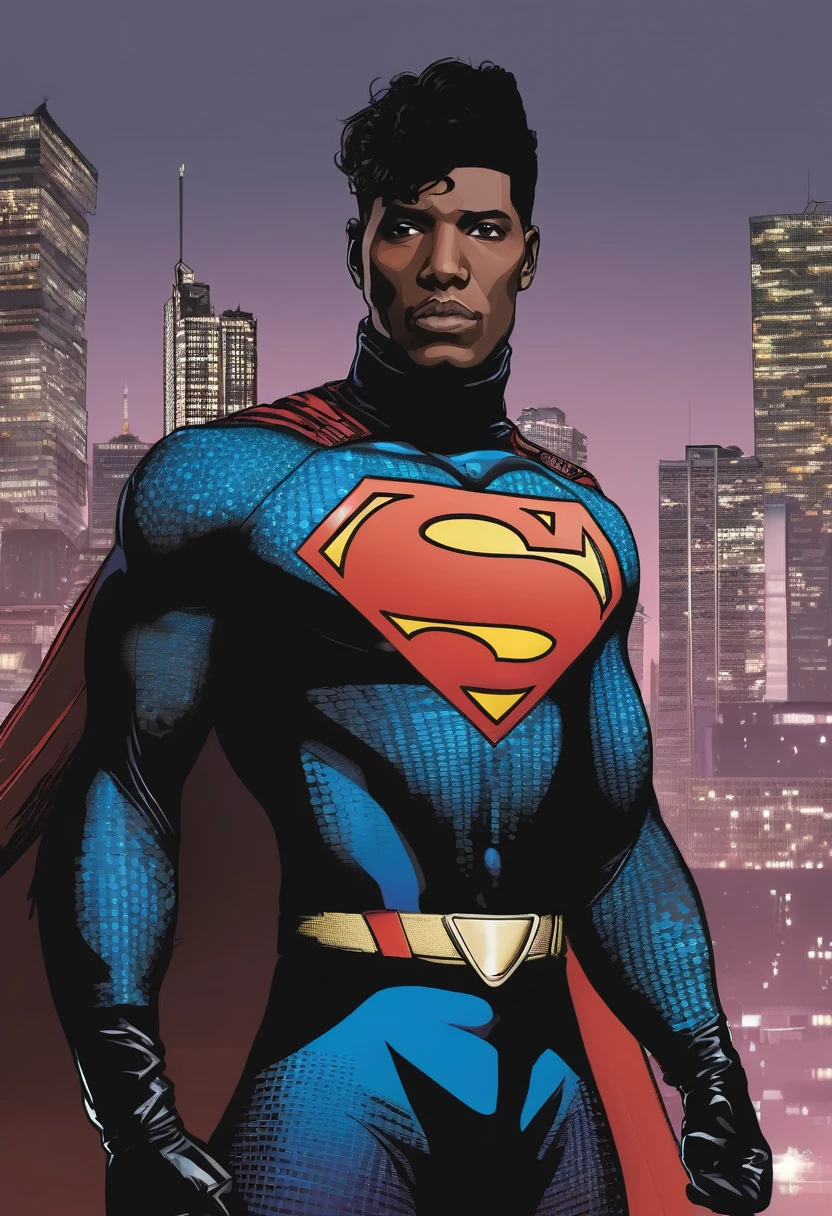 a superhero with the appearance of oliver sykes and the black superman costume and wearing gloves and a turtleneck
