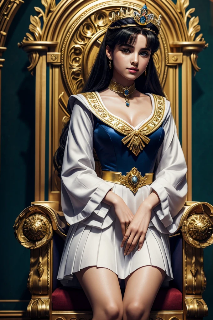 Symmetrically posed Sailor Moon, clad in a sailor suit and skirt, seated majestically on a throne-resembling chair, crowned with an extravagant oversized royal crown embellished with regal jewels, integrating robotic components into her costume, encircled by a grand nature-themed royal background, full-frame shot, fantasy art style, hyperrealistic rendition, dynamic lighting effects adding depth, volumetric essence, and intricate ultra-fine details.