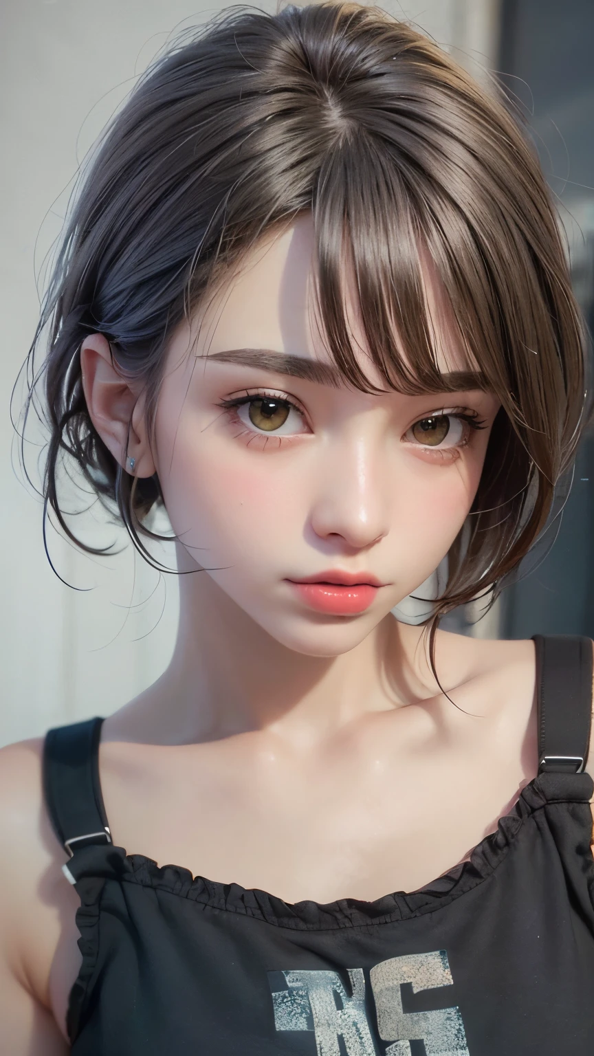 Masterpiece hyperrealist & Photorealistic beautiful girl, Realistic Skin (Pore-filled skin) Short Bob Cut Hair, Realistic red lips,Punk Girl, (head shot:1.5),Shorts