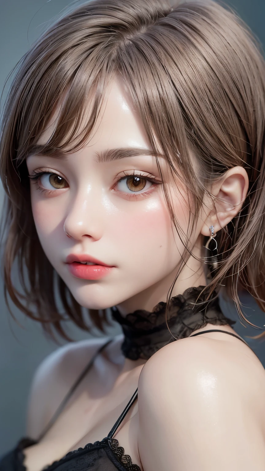 Masterpiece hyperrealist & Photorealistic beautiful girl, Realistic Skin (Pore-filled skin) Short Bob Cut Hair, Realistic red lips,Punk Girl, (head shot:1.5),Shorts