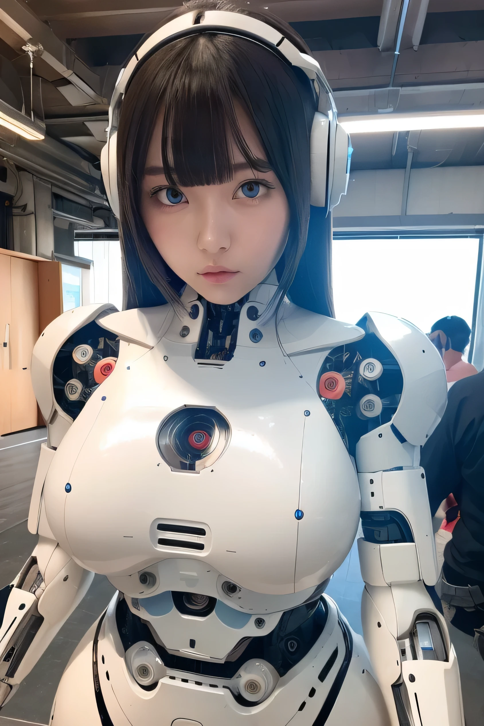 masterpiece, best quality, extremely detailed, Japanese android girl,Plump ,control panels,robot arms,robot,android,cyborg,white robot body,ceramic body,perfect robotgirl,blunt bangs,sumo wrestler,blue eyes