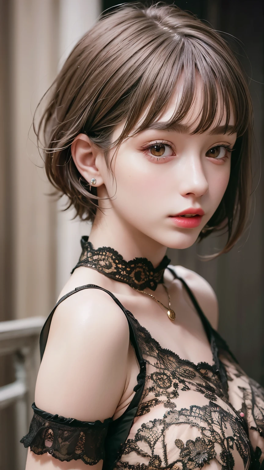 Masterpiece hyperrealist & Photorealistic beautiful girl, Realistic Skin (Pore-filled skin) Short Bob Cut Hair, Realistic red lips,Punk Girl, (head shot:1.5),Shorts