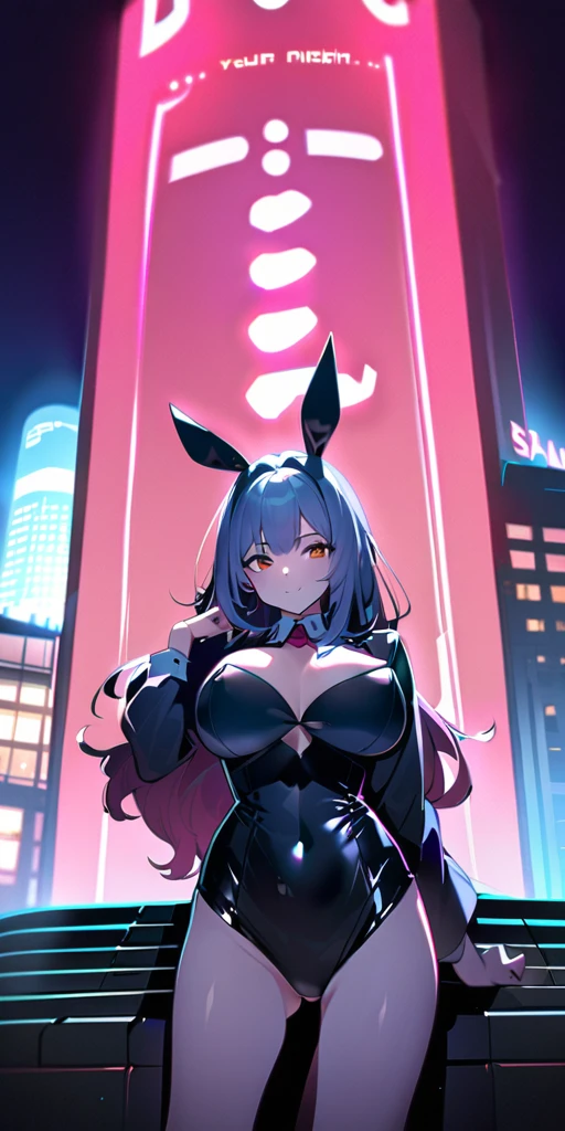 ((Highest quality、、masterpiece:1.3)), Upper Body、Long legs、Sharp focus:1.2, Beautiful woman with perfect figure:1.4、(Smiling:1.2), double eyelid、30-year-old female、Sexy pose、((((Close your mouth、One Woman、Bunny girl,Downtown at night))))、(((((手は体の横に)))))