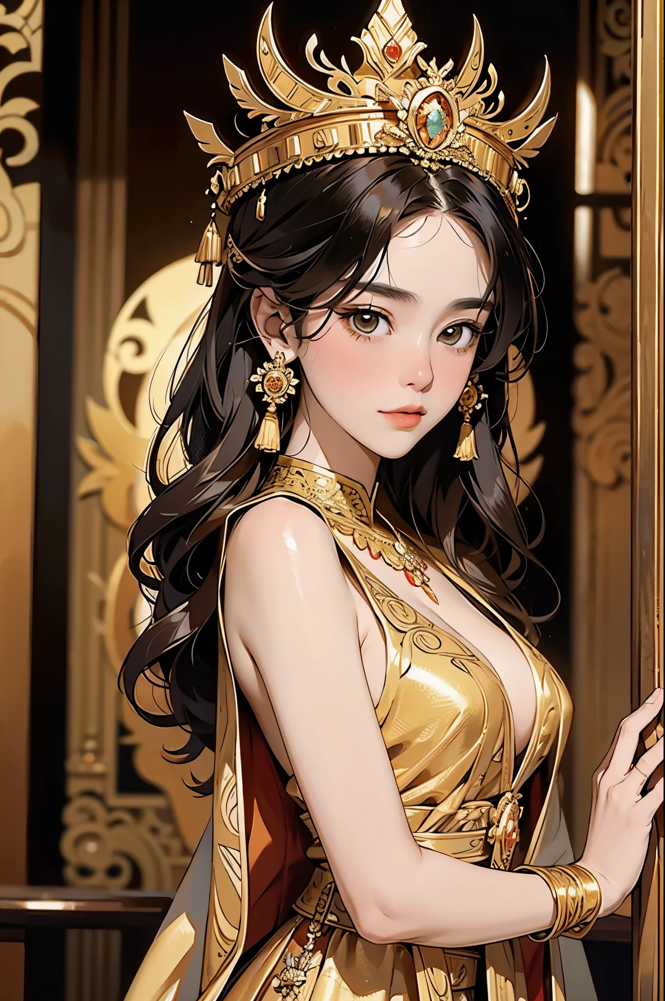 gustav Klimt the lady in gold, Thai princess, golden Thai traditional dress, modestly dressed royal honor, art by Gustav klimt