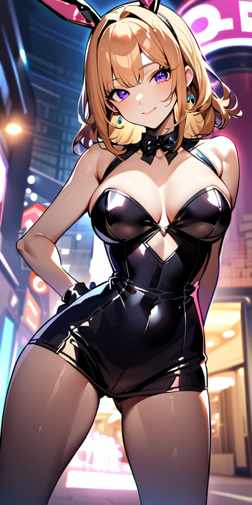 ((Highest quality、、masterpiece:1.3)), Upper Body、Long legs、Sharp focus:1.2, Beautiful woman with perfect figure:1.4、(Smiling:1.2), double eyelid、30-year-old female、Sexy pose、((((Close your mouth、One Woman、Bunny girl,Downtown at night))))、(((((手は体の横に)))))