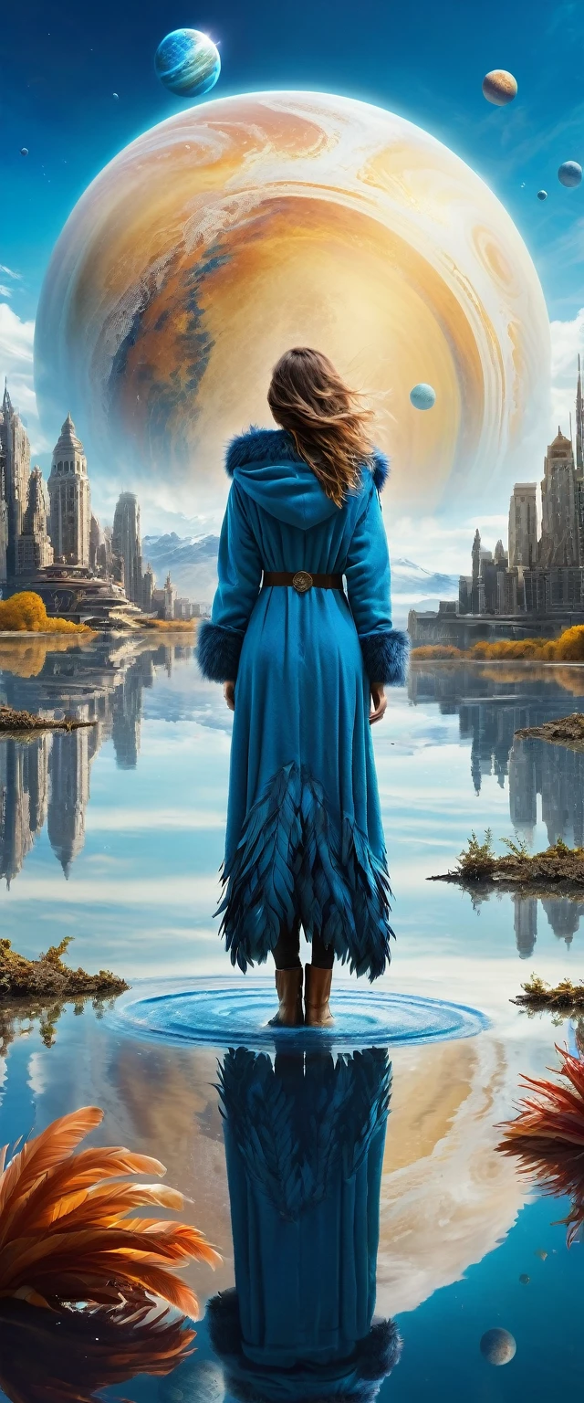Highest quality,(masterpiece:1.2),Ultra-high resolution,Raw color photography,8K,Vast landscape photography,Realistic photos,Elaborate photos,A woman living on a water planet,,(From the back:1.5),(From below:1.2,Woman standing on a water planet,Feather coat,A vast pond spreads out before your eyes,City of Water,The sky is a vast universe,blue sky),Written boundary depth,Wide Light,Low contrast,Backlight,Sharp focus,Vibrant colors,Dynamic configuration