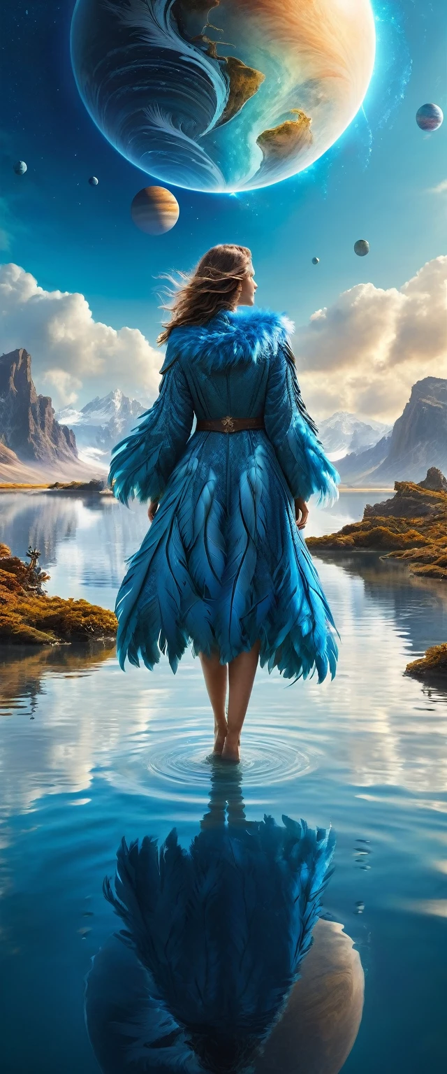 Highest quality,(masterpiece:1.2),Ultra-high resolution,Raw color photography,8K,Vast landscape photography,Realistic photos,Elaborate photos,A woman living on a water planet,,(From the back:1.5),(From below:1.2,Woman standing on a water planet,Feather coat,A vast pond spreads out before your eyes,City of Water,The sky is a vast universe,blue sky),Written boundary depth,Wide Light,Low contrast,Backlight,Sharp focus,Vibrant colors,Dynamic configuration
