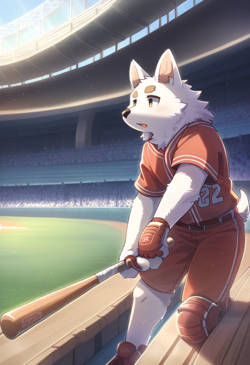 ((Masterpiece)), ((Best Quality)), (Very Detailed), ((Very Detailed)), 4K, (8K), very aesthetic, absurdres highres, 1man, (anthropomorphic dog, furry, kemono:1.8), Baseball player, batting, swinging bat, red uniform, helmet, glove, stadium, crowd, scoreboard, daytime, sunlight, shadow, team logo, jersey number, energy, concentrated expression, cheering crowd, stadium structure
