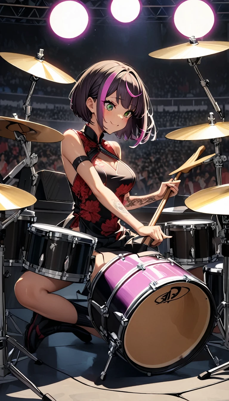 (highest quality:1.2, Very detailed, up to date, Vibrant, Ultra-high resolution, High Contrast, masterpiece:1.2, highest quality, Best aesthetics), Portraiture、girl、slim, , heterrochromia, green eye, red eye, ((sitting at a drum set and playing the drums. The drum set includes a bass drum, snare drum, toms, floor toms, hi-hat, crash cymbals, ride cymbals, and a china cymbal.)), Passionate performance、stage、performance、Rock Music、Bright colors、Beautiful fine details、Beautiful lip detail、extra short hair, ((bob cut:1.5))、pink and purple ((streaked hair:1.9)), (highlights hair: 1.6), middium breast, (tan skin:1), Music band、(powerful pose:1)、Concert Light、Edgy Style、colorful Cheongsam, (no sleeve:1)、Dynamic Movement、hypnotic sounds、Stadium、amplifier、Loud music、,Sparkling stage、Concert atmosphere、Music Festival、Full of emotion、Rock star attitude、Resolute expression、Avid Fan、The presence of an attractive stage、 Expressive gestures、Rock star aura、An exciting atmosphere、Sing with all your heart、An unforgettable show, (Floral Fineline tattoo design on right arm:1), ((full body:1.5)),