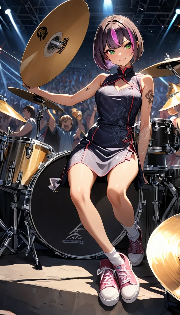 (highest quality:1.2, Very detailed, up to date, Vibrant, Ultra-high resolution, High Contrast, masterpiece:1.2, highest quality, Best aesthetics), Portraiture、girl、slim, , heterrochromia, green eye, red eye, ((sitting at a drum set and playing the drums. The drum set includes a bass drum, snare drum, toms, floor toms, hi-hat, crash cymbals, ride cymbals, and a china cymbal.)), Passionate performance、stage、performance、Rock Music、Bright colors、Beautiful fine details、Beautiful lip detail、extra short hair, ((bob cut:1.5))、pink and purple ((streaked hair:1.9)), (highlights hair: 1.6), middium breast, (tan skin:1), Music band、(powerful pose:1)、Concert Light、Edgy Style、colorful Cheongsam, (no sleeve:1)、Dynamic Movement、hypnotic sounds、Stadium、amplifier、Loud music、,Sparkling stage、Concert atmosphere、Music Festival、Full of emotion、Rock star attitude、Resolute expression、Avid Fan、The presence of an attractive stage、 Expressive gestures、Rock star aura、An exciting atmosphere、Sing with all your heart、An unforgettable show, (Floral Fineline tattoo design on right arm:1), ((full body:1.5)),
