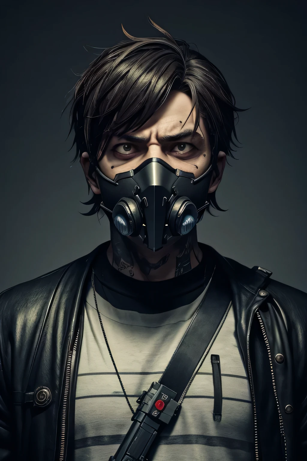 character who looks like he came out of a mental hospital, dark, sadomasochistic who sees pain as art, wears a plague mask and has a syringe gun that stimulates pain, design from overwatch, 50 year old man, he wears clothes as if he were crazy