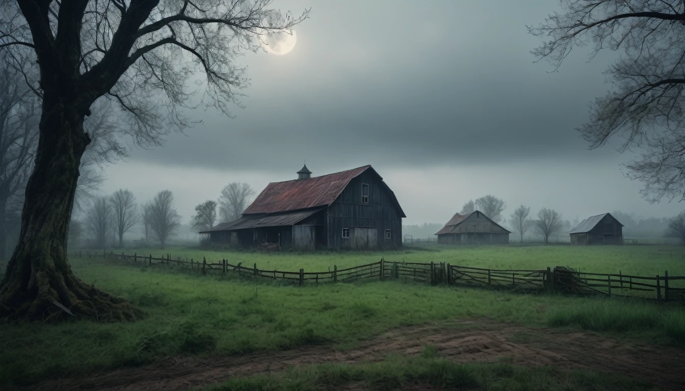 A scary horror image of a farm far from the city. It was an area known for its tranquility, but also for its mysteries and stories of hauntings, PICTURE REALISTIC, high resolution, 8K