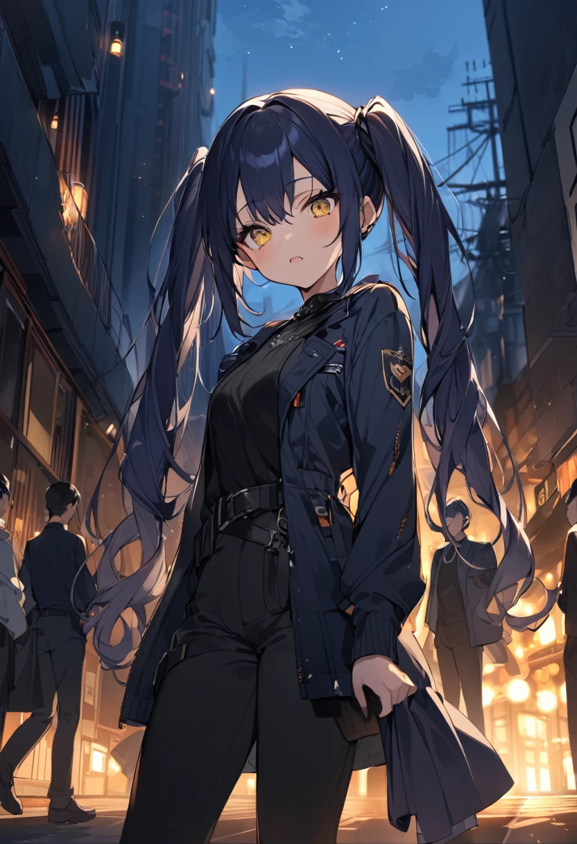 アニメ アニメ - a girl with long Dark navy blue hair, アニメ, アニメ girl アニメ dress black, アニメ female, twintails, yellow eyes, long hair, pants, solo focus, 1girl, Dark navy blue hair, long sleeves, night, jacket, black pants, outdoors,Great shade