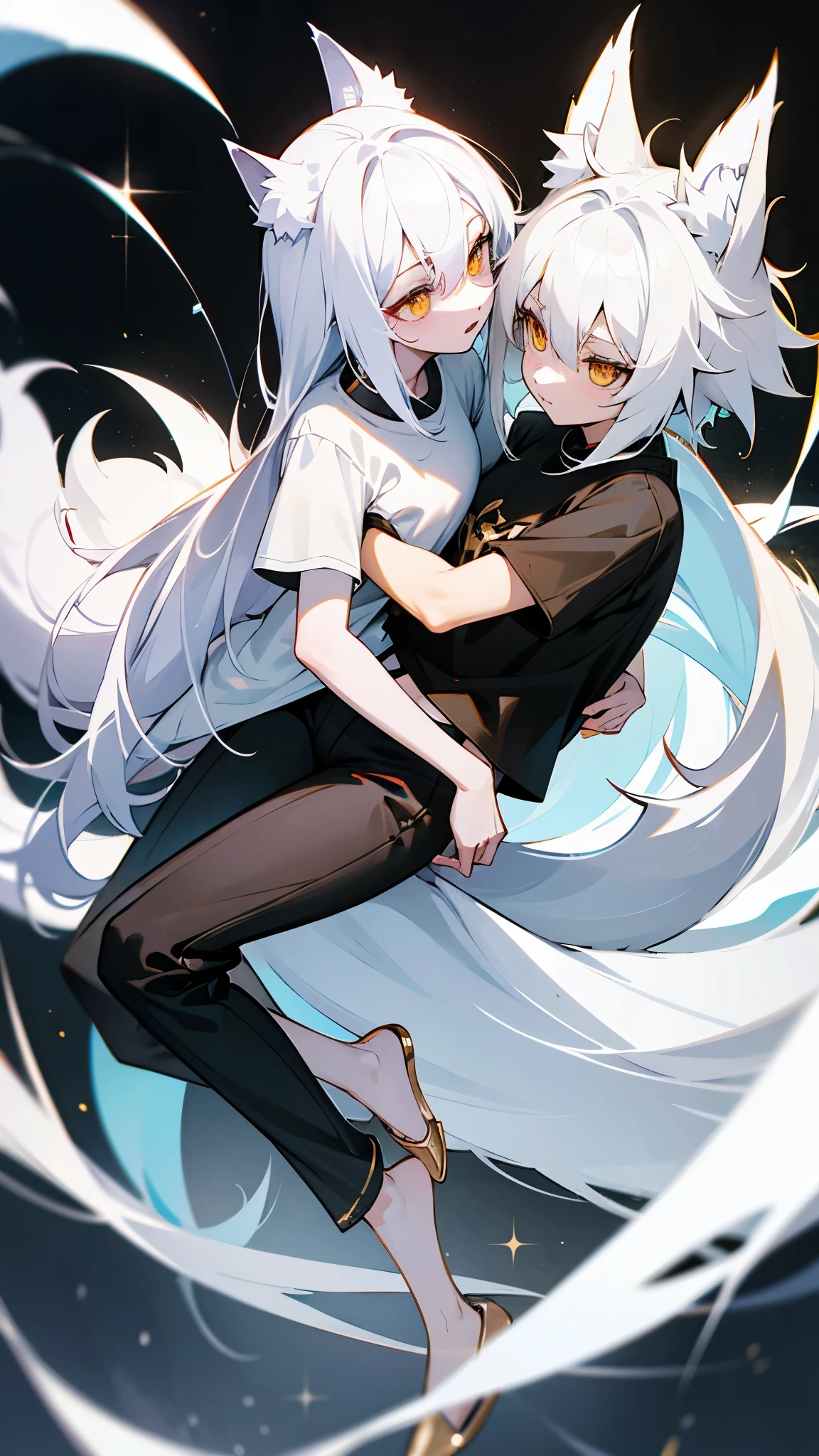 wolf girl white hair white wolf ears maximum resolution eyes Gold and black t-shirt black pants and white wolf tail have two white slippers