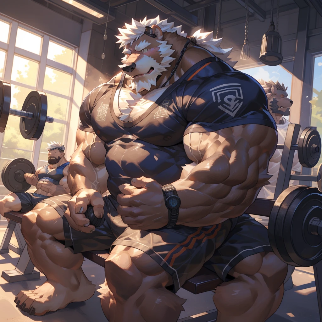 strong grizzly daddy,Brown skin,White hair and beard,Manly,Sit on the bench,holding two dumbbells in two hands,Only gym shorts,Bright and tidy gym,window,weight equipments,bodybuilding, working out, More details,by adios, by null-ghost, by lindong