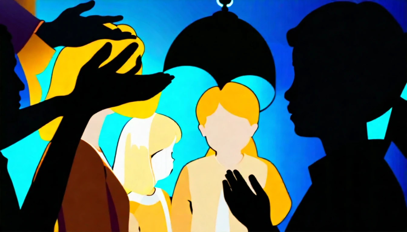 Close-up of a family holding hands in prayer, faces showing earnestness and hope, indoor setting with warm lighting, 16:9
