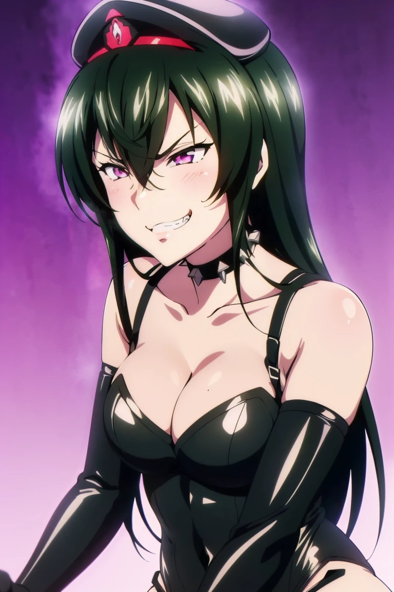 (((grinning lasciviously))), seductive anime girl, (((nefarious smirk))), [[[[grinning evily]]]], beautiful, masterpiece, ultra detailed, extremely detailed, ultra high res, 8k, beautiful detailed face, anime screencap, heart shaped face woman, (black hair:1.2), long hair, hair between eyes, large breasts, fearless face, sharp face, slant eyes, cat eyes, 170cm tall, (((adult))), perfect proportion, (((black high-leg leotard))), (((dare shoulder))), cleavage, (((thigh boots))), (((spiked choker))), (((military cap))), anime style, ultra detailed beautiful face and eyes, front view, raw phot, incredibly absurdres, Beautiful portrait of cute anime girls, super fine illustration, full-hd, hdr, best aesthetic, distinct, exquisite, masterwork, by famous artist, highers, (((perfect anatomy))), mocking, (((rape face))), (((evil grin))), intense eyes, sadistic, gleaming skin, oil skin, slut face, (((full-face blush))), smirking, mischievous grin, furrowed mouth, both legs, pouty lips, downturned corners, rosy hue, grin widely, cheeky smirk, (((bad-tempered glare))), gloating, crazy smile, scary face, cruel smile, fang, connected teeth,, (((elbow gloves))), (((big connected teeth)), glare, grimace, smirk, (((scowling face))), smile broadly, symmetrical eyes, even eyes, perfect eyes, (((squinting eyes))), deep detailed eyes, shiny clothes, 1girl, solo, smug, smile grimly, (((dimpled smile))), pink eyes, (((cowboy shot))), (((laugh))), (((pleasure face))), (((brutality face))), (((scary face))), (((empty eyes))), anime best girl, [[[[grinning evily]]]], anime moe artstyle, collarbone, dare collarbone,