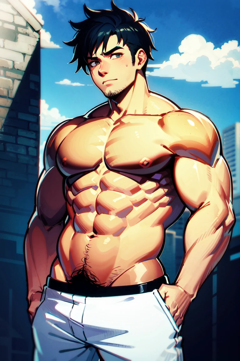 score_9, score_8_up, score_7_up, score_6_up, score_5_up, score_4_up, 1boy, big_pectorals, big_muscles, dad_bod, soft_belly, action_in_the_front_faux_hawk, dark_blue_hair