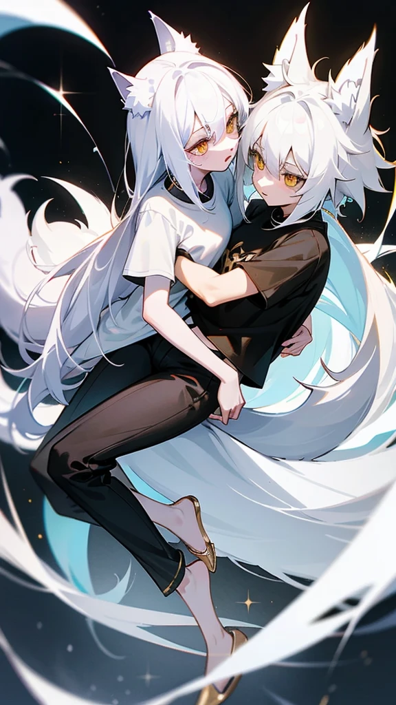 wolf girl white hair white wolf ears maximum resolution eyes Gold and black t-shirt black pants and white wolf tail have two white slippers