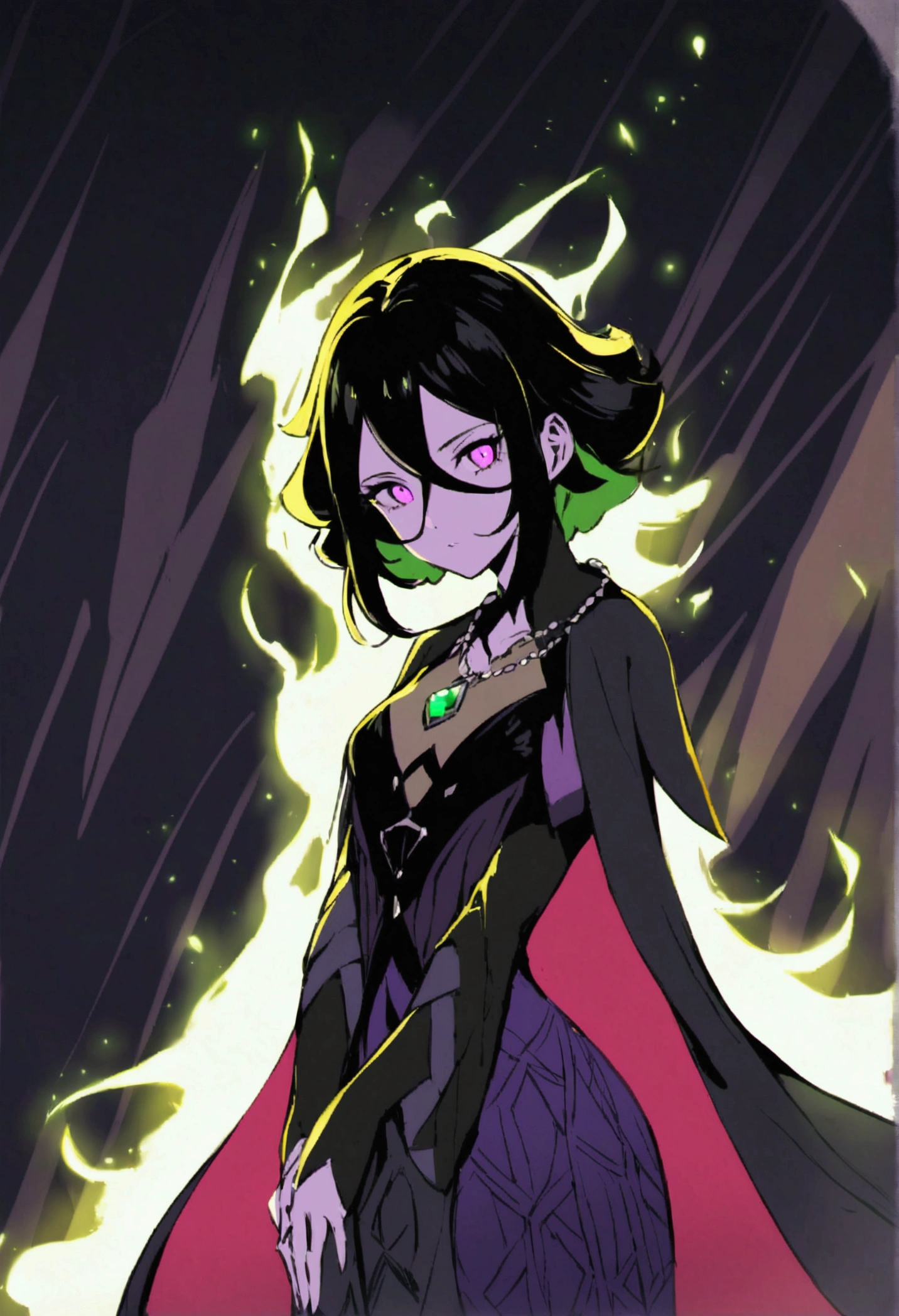 A female character named Gamora, anti-villain with mystical powers. She has long, wavy black hair, bright emerald purple eyes, and pale skin with an ethereal aura. Gamora wears elegant, dark clothing with arcane patterns, including a cloak that moves like shadows. She wears a necklace with an obsidian amulet. Gamora is in a confident and mysterious pose, surrounded by shadows that seem alive