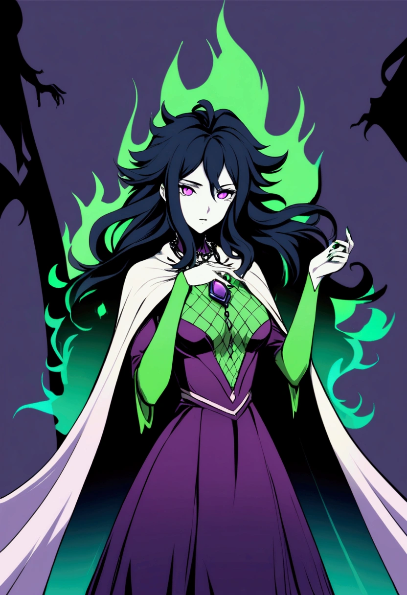 A female character named Gamora, anti-villain with mystical powers. She has long, wavy black hair, bright emerald purple eyes, and pale skin with an ethereal aura. Gamora wears elegant, dark clothing with arcane patterns, including a cloak that moves like shadows. She wears a necklace with an obsidian amulet. Gamora is in a confident and mysterious pose, surrounded by shadows that seem alive