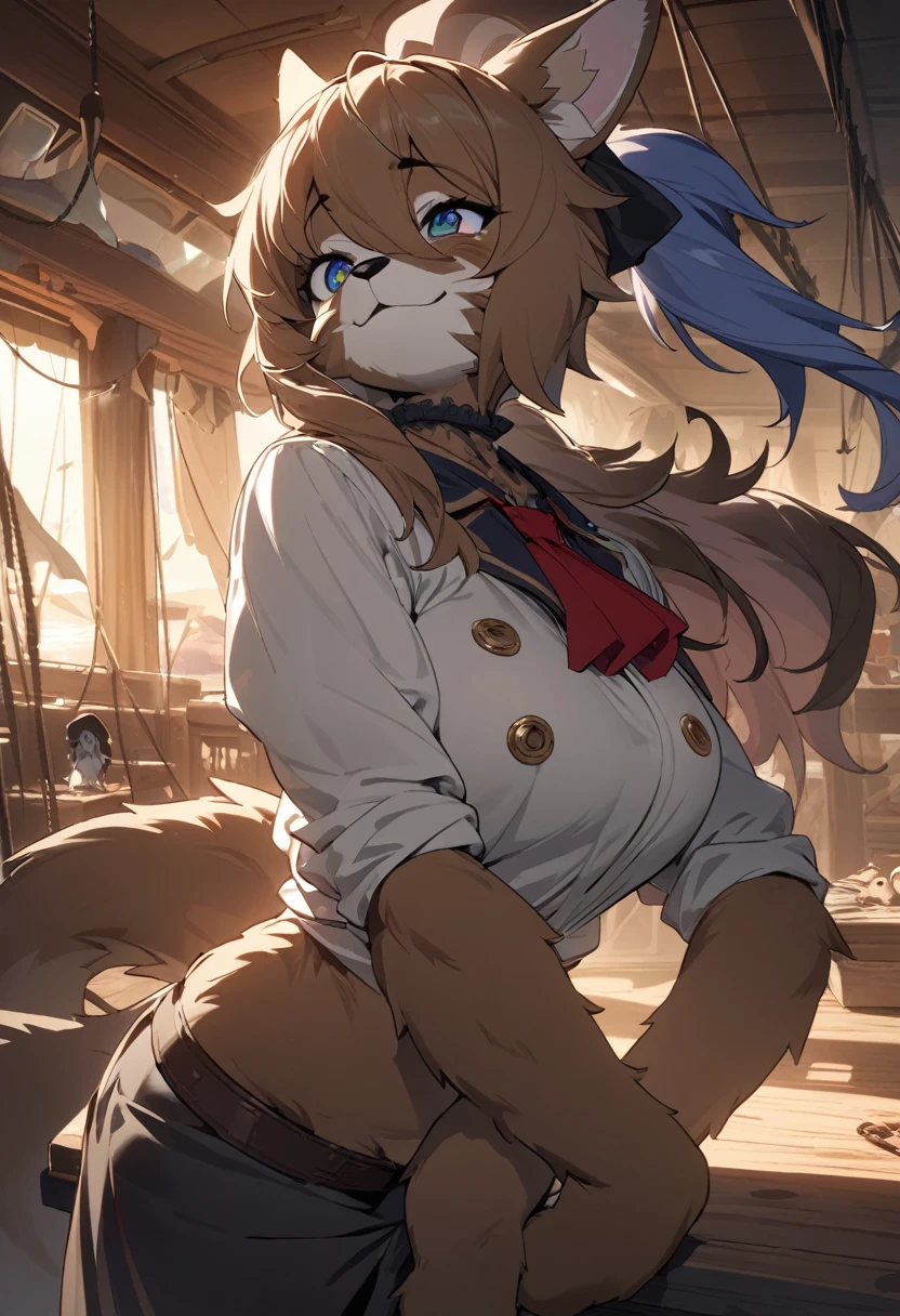 top quality, best quality, High-quality illustrations, masterpiece, super high resolution, detailed background, Hospitals with power outages, Spooky creatures, Pirate Ship, a pirate, 1girl, absurdres(highly detailed beautiful face and eyes)perfect anatomy, expression, good lighting, cinematic shadow(kemono, furry anthro),