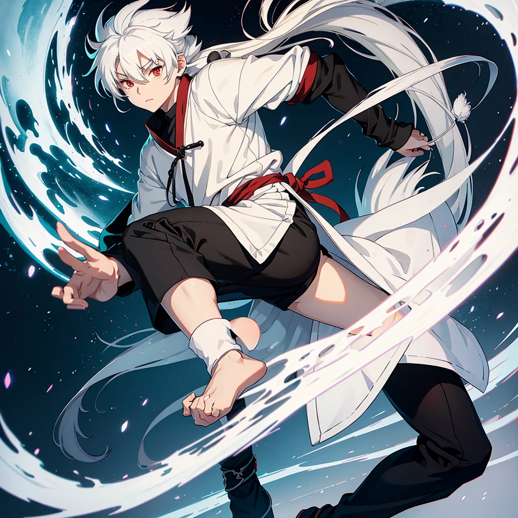 An Inuyasha with white hair and a white sweatshirt, long black pants and without anyone, only him, with a black mask 