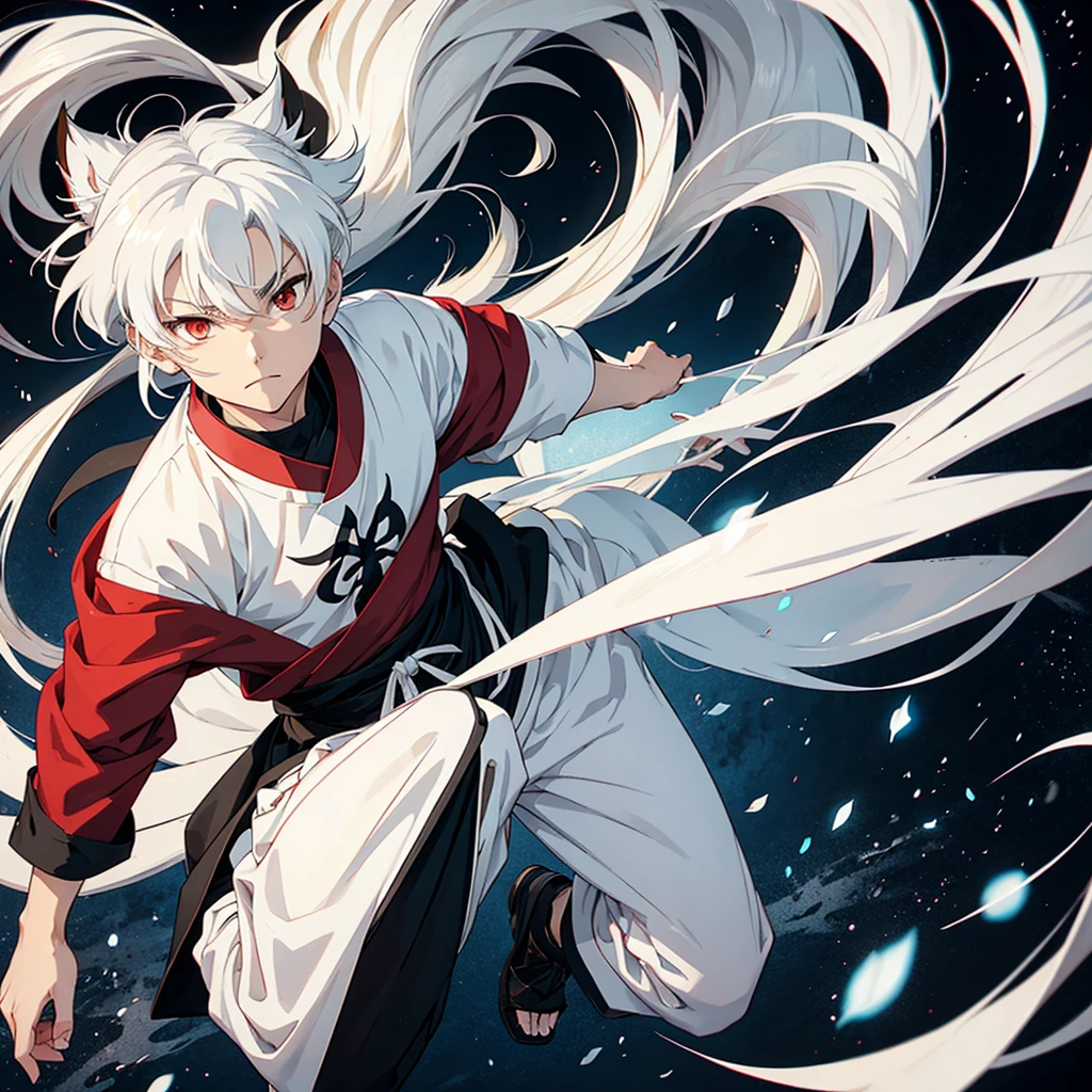 An Inuyasha with white hair and a white sweatshirt, long black pants and without anyone, only him, with a black mask 