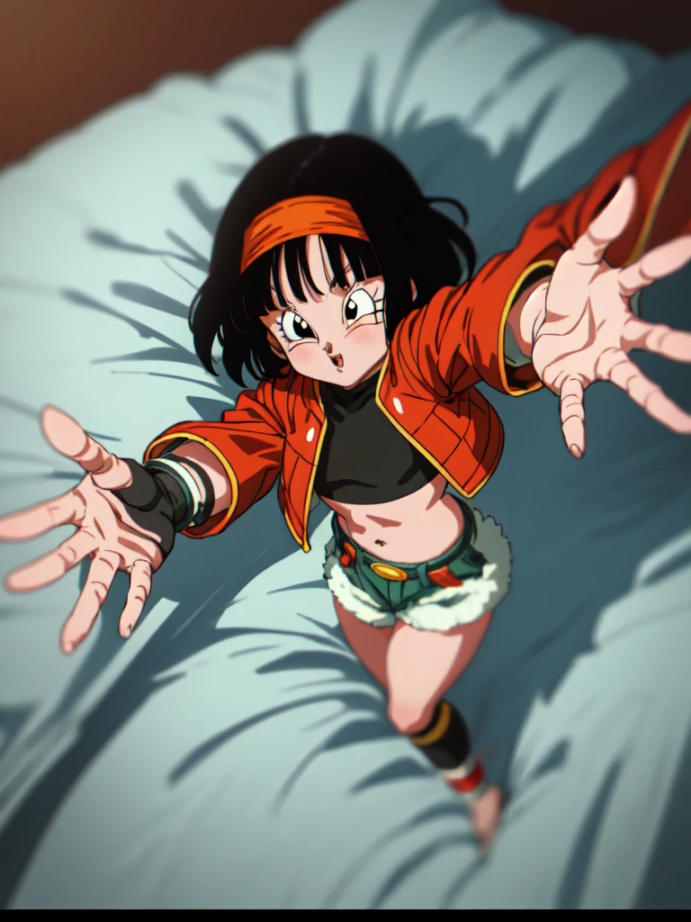 ((Pan xeno))   years, Granddaughter of Goku,  , short hair, bangs, black hair closed eyes , gloves, navel, jacket, hairband, open clothes, black gloves, black Tight midriff, green Tight  shorts, Soft fabrics in the  both sides, red jacket, cropped jacket, orange hairband, sleeping , decubitus supine,  lying in the Bed With his arms outstretched arms open, legs open Separated front to front Hot sexy image 1990s by akira toriyama, Anime dragón Ball z 