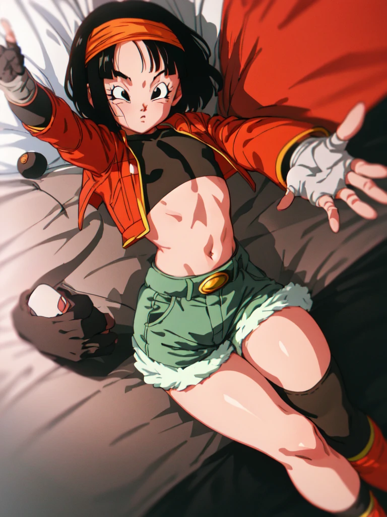 ((Pan xeno))  10 years, Granddaughter of Goku,  , short hair, bangs, black hair closed eyes , gloves, navel, jacket, hairband, open clothes, black gloves, black Tight midriff, green Tight  shorts, Soft fabrics in the  both sides, red jacket, cropped jacket, orange hairband, sleeping , decubitus supine,  lying in the Bed With his arms outstretched arms open, legs open Separated front to front Hot sexy image 1990s by akira toriyama, Anime dragón Ball z 