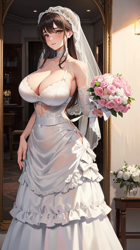 Girl with huge breasts wearing a bra and lace wedding dress ,bridal veil and bouquet