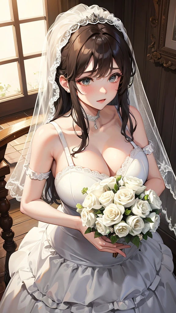 Girl with huge breasts wearing a bra and lace wedding dress ,bridal veil and bouquet