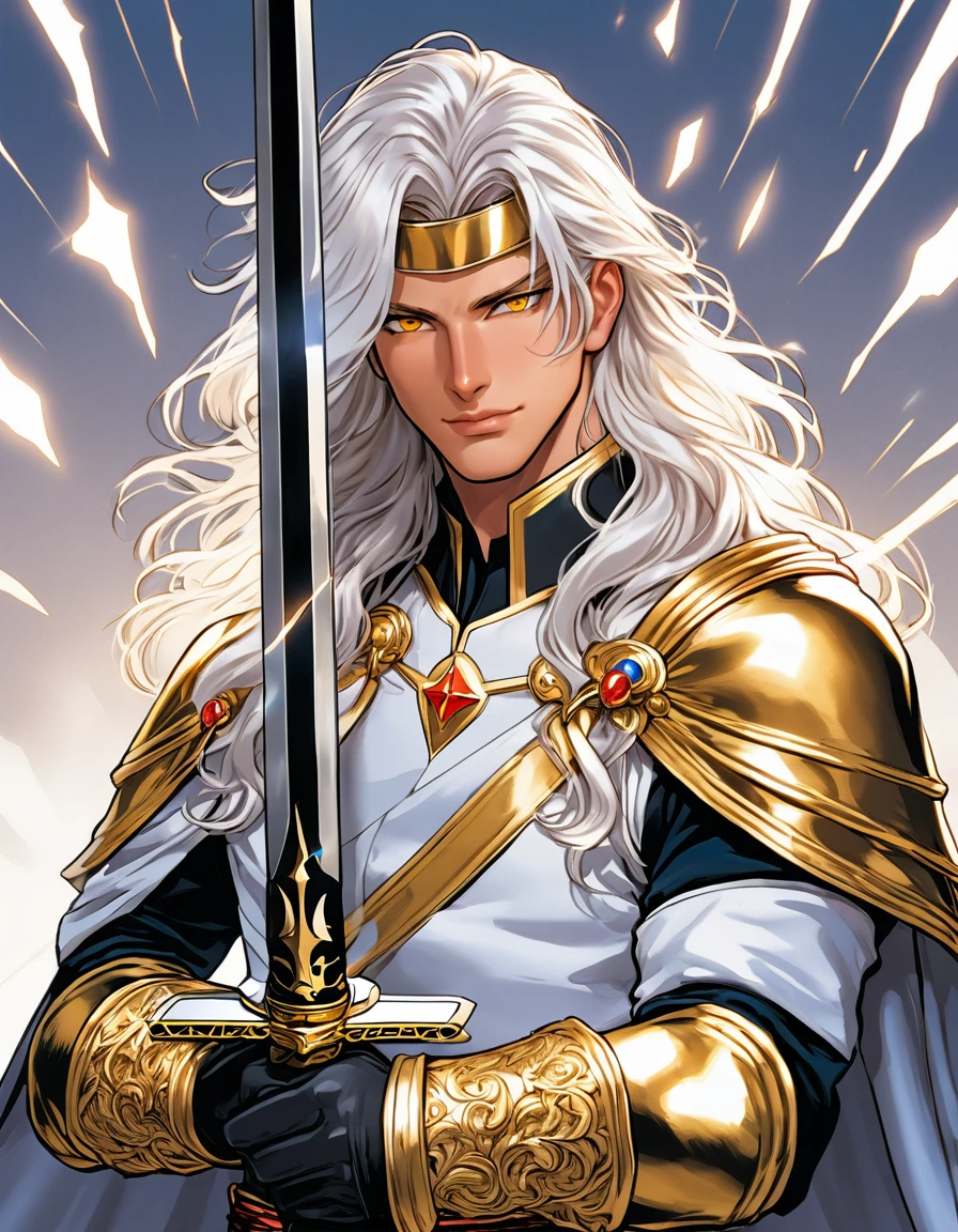 hq-style, comic book style, make a character similar to Reinhard Van Astrea from Re: NULL, only he has white hair and shining golden eyes, has a royal outfit and wears a sword on his waist