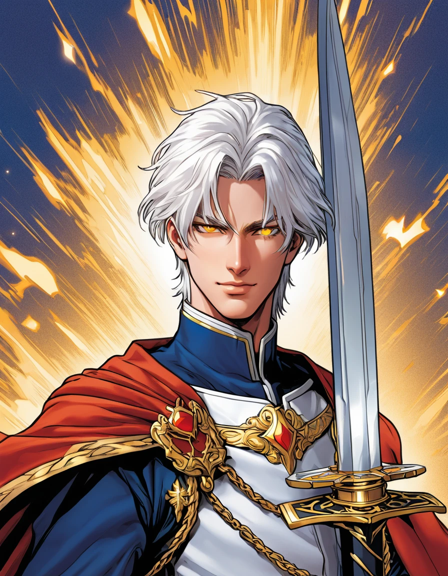 hq-style, comic book style, make a character similar to Reinhard Van Astrea from Re: NULL, only he has white hair and shining golden eyes, has a royal outfit and wears a sword on his waist