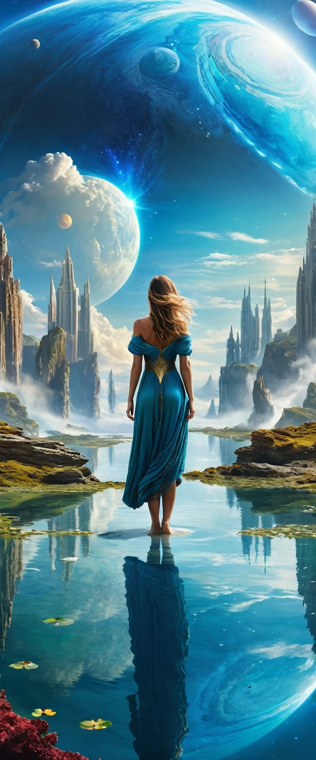 Highest quality,(masterpiece:1.2),Ultra-high resolution,Raw color photography,8K,Vast landscape photography,Realistic photos,Elaborate photos,A woman living on a water planet,,(From the back:1.5),(From below:1.2,Woman standing on a water planet,A vast pond spreads out before your eyes,City of Water,The sky is a vast universe,blue sky),Written boundary depth,Wide Light,Low contrast,Backlight,Sharp focus,Vibrant colors,Dynamic configuration