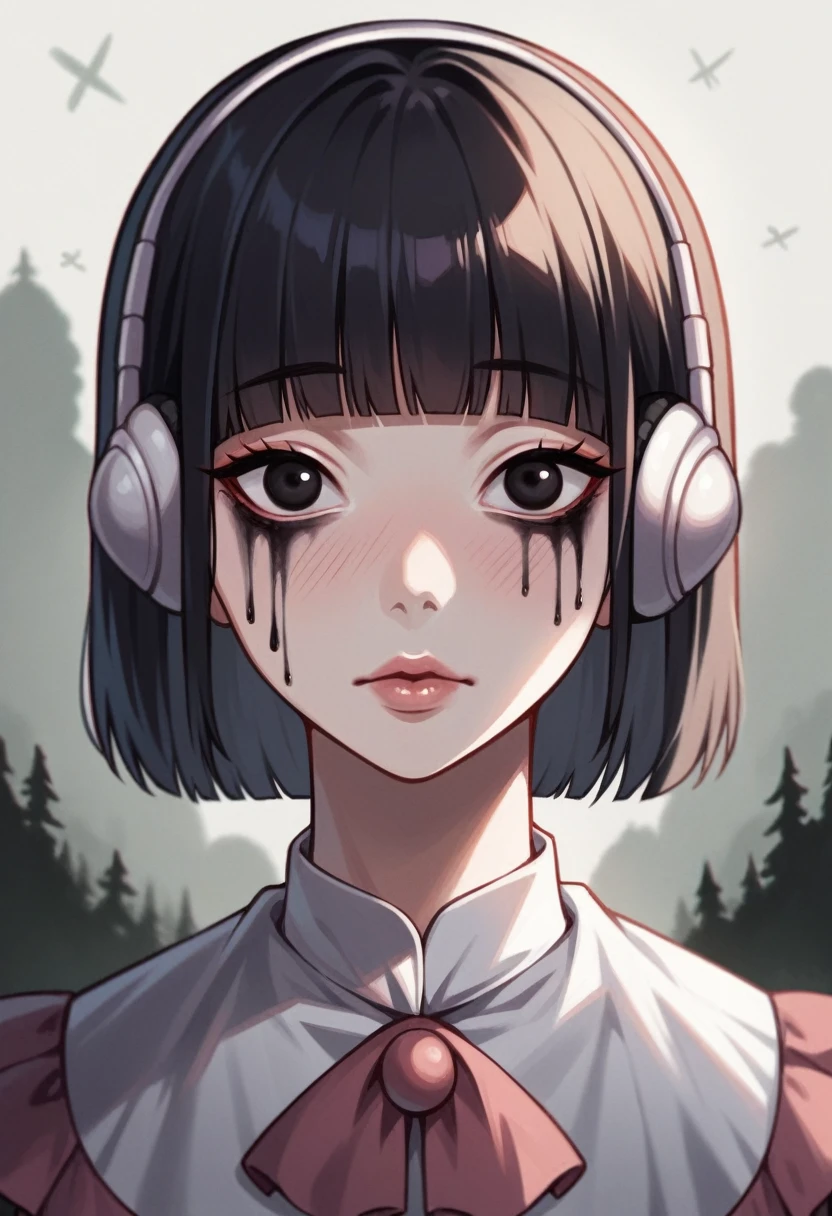 1 girl, FengMin, Alone, Skinny, black eyes, asian eyes, eyeliner, looking at the viewer, lips, black bob cut, blunt bangs, blush, standing, Upper part of the body, facial focus, outdoor, horror \(He\), evening, mist egirlmakeup, using over-ear headphones, clown makeup